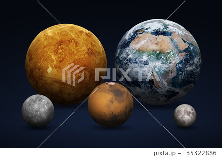 Earth, Mars, Venus, Mercury and Moon to scale. 135322886