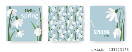 Set of square templates with snowdrops and text 135323178