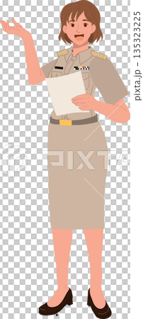 woman civil servant in thai official uniform standing and explaining information 135323225