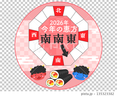 節分背景圖，描繪了2026年的吉利方位：紅鬼、藍鬼和吉利壽司卷。 135323382