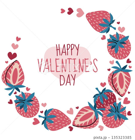 Round frame template with strawberry and hearts in flat style. Valentine's day, mother's day, anniversary, love gift. For photo border, social media post, invitation, label, packaging, card, banner 135323385