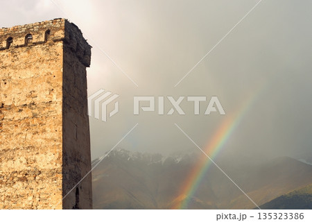 View of Svan towers against the rainbow in Mestia, Georgia, Svaneti. 135323386