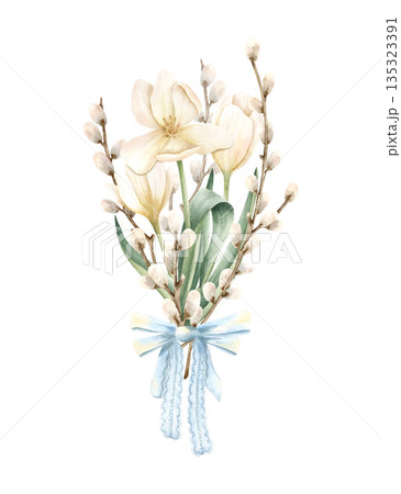 White tulip and willow branch bouquet, tied blue lace bow. Flower on Palm Sunday, Easter spring composition. Delicate botanical floral watercolor illustration isolated on transparent background 135323391