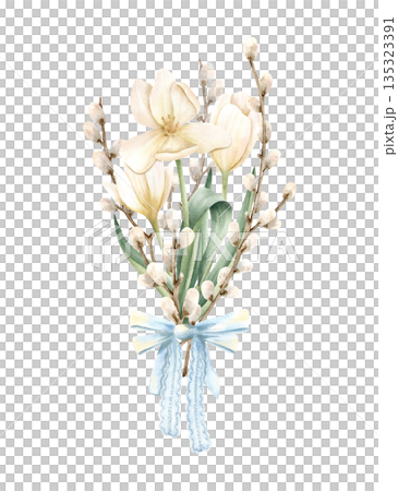 White tulip and willow branch bouquet, tied blue lace bow. Flower on Palm Sunday, Easter spring composition. Delicate botanical floral watercolor illustration isolated on transparent background 135323391
