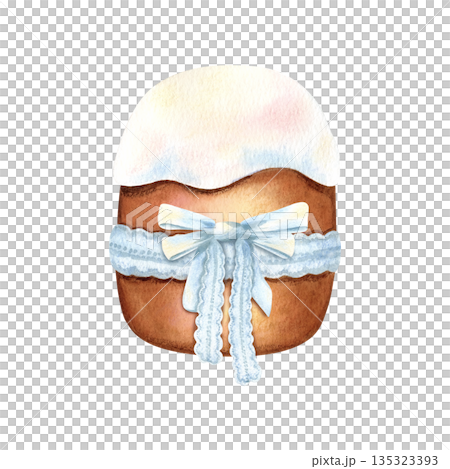 Traditional Easter cake covered with white glaze. Bakery tied with lace ribbon and blue bow. Spring holiday dessert. Watercolor hand drawn cartoon illustration. Clip art isolated from background 135323393