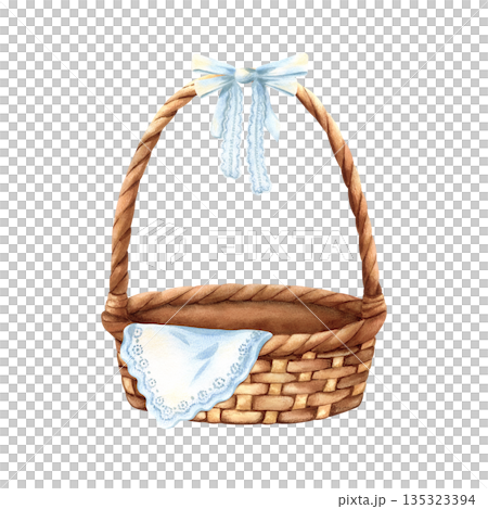 Wicker basket, tied lace bow, ribbon on long handle. Empty basketry with hanging picnic tablecloth. Rural craft container for easter composition. Watercolor illustration isolated from background 135323394