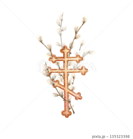Orthodox cross with pussy willow branch. Symbol of Christian faith, spirituality, Palm Sunday, Easter. Hand drawn watercolor illustration, isolated from background for decoration, religious holiday 135323398