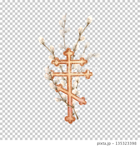 Orthodox cross with pussy willow branch. Symbol of Christian faith, spirituality, Palm Sunday, Easter. Hand drawn watercolor illustration, isolated from background for decoration, religious holiday 135323398