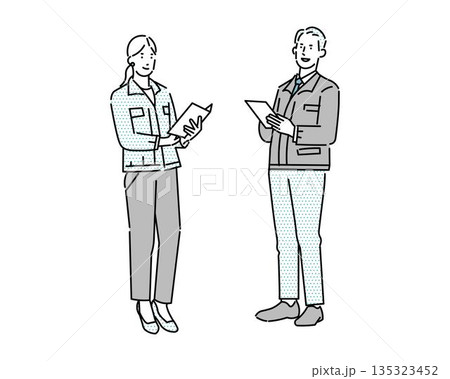 作業服を着た男女がファイルを手に持って立つ姿ー工業系ー倉庫系ー運送系のビジネスイラスト素材 135323452