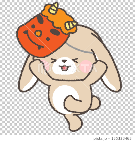 A droopy-eared rabbit running away wearing a demon mask A droopy-eared rabbit running away wearing a demon mask 135323463