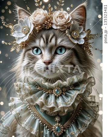 花冠をつけた猫のポートレートイラスト 花冠をつけた猫のポートレートイラスト 135323481