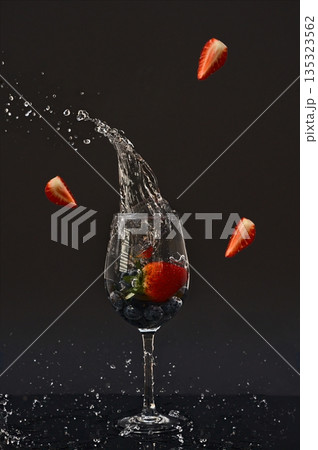 Several strawberries falling into a glass and splashing water 135323562