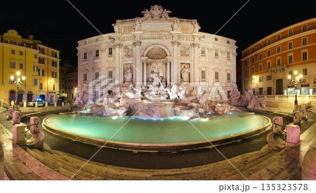 Panorama of Trevi Fountain without visitors at night Panorama of Trevi Fountain without visitors at night 135323578