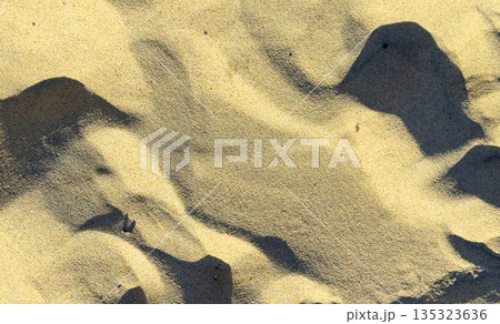Sand texture with light and shadow creating wavy formations. Natural granular surface background Sand texture with light and shadow creating wavy formations. Natural granular surface background 135323636