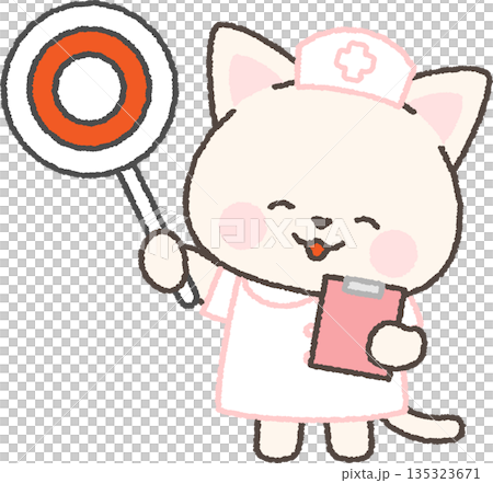 丸印の札を持った白ネコの看護師 135323671