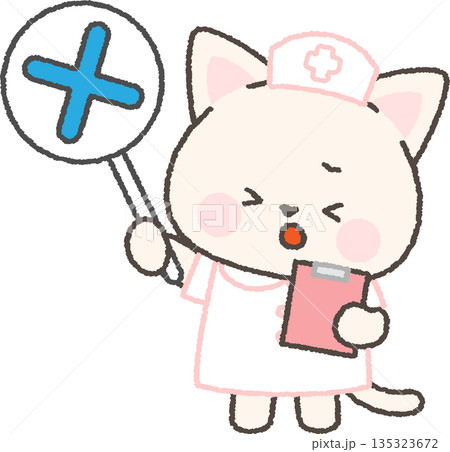 バツ印の札を持った白ネコの看護師 135323672