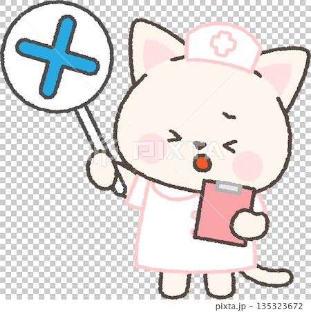 バツ印の札を持った白ネコの看護師 135323672