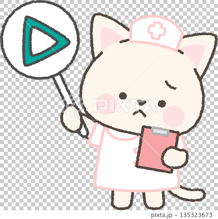 白色貓護士拿著三角形標籤 白色貓護士拿著三角形標籤 135323673