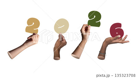 Multicultural hands raise painted 2026 digits for Happy New Year celebration, isolated on white Multicultural hands raise painted 2026 digits for Happy New Year celebration, isolated on white 135323708