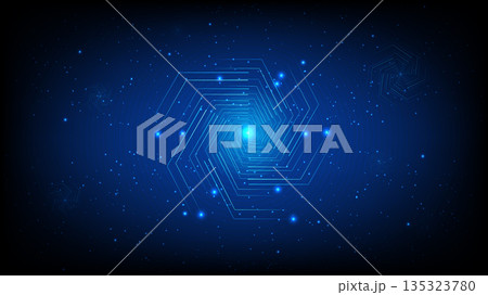 Abstract Futuristic Hexagon Tunnel with Blue Glowing Light and Digital Space Background Abstract Futuristic Hexagon Tunnel with Blue Glowing Light and Digital Space Background 135323780