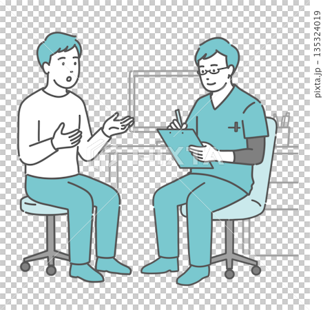 問診をする男性医師と男性患者（スクラブ・医療従事者） 135324019