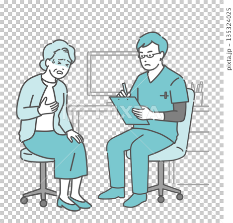 An elderly woman complaining of poor health and a male doctor (scrubs, emergency, cardiology) An elderly woman complaining of poor health and a male doctor (scrubs, emergency, cardiology) 135324025