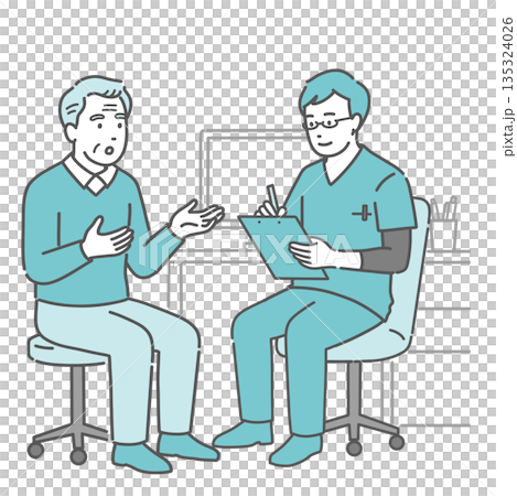 一名男醫生和一名老年男子(身穿手術服,醫護人員)正在進行醫療訪談 一名男醫生和一名老年男子(身穿手術服,醫護人員)正在進行醫療訪談 135324026