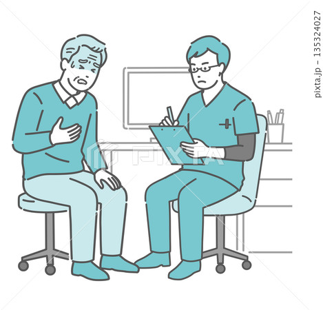 体調不良を訴える高齢男性と男性医師（スクラブ・救急・循環器） 135324027