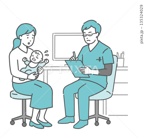 体調不良を訴える赤ちゃんと母親と男性医師（スクラブ・小児科・救急） 135324029
