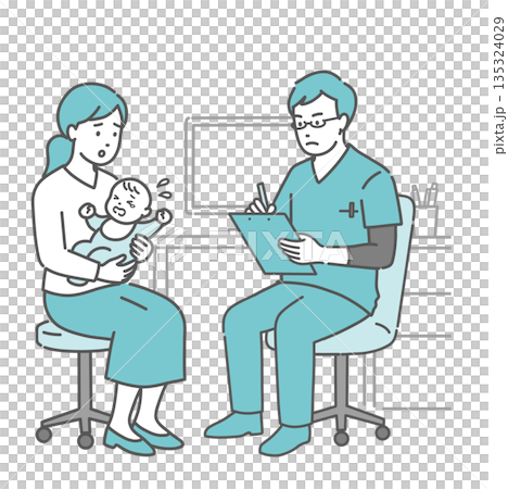 A baby complaining of poor health, his mother, and a male doctor (scrub, pediatrics, emergency) 135324029