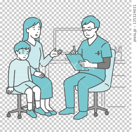 一個男孩抱怨身體不適，他的母親，以及一位男醫生（身穿手術服，兒科，急診） 135324031