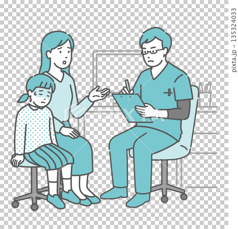 一個女孩抱怨身體不適,她的母親,以及一位男醫生(手術服,兒科,急診) 一個女孩抱怨身體不適,她的母親,以及一位男醫生(手術服,兒科,急診) 135324033