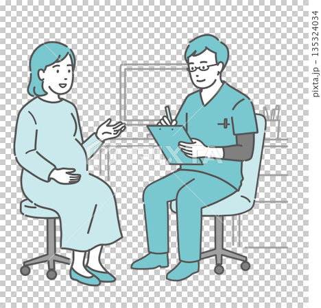 男醫師和孕婦進行醫學訪談（手術室，婦產科） 135324034
