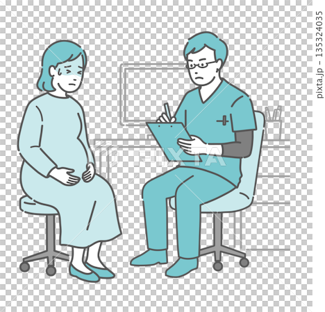 A pregnant woman complaining of poor health and a male doctor (scrub, obstetrics and gynecology, emergency) 135324035