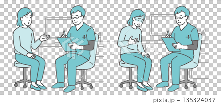 Medical interview and unwell female patient set (male doctor, scrubs) Medical interview and unwell female patient set (male doctor, scrubs) 135324037