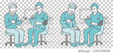 Medical interview and unwell elderly man set (male doctor, scrubs) Medical interview and unwell elderly man set (male doctor, scrubs) 135324039