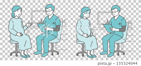 Medical interview and unwell pregnant woman set (male doctor, scrubs) Medical interview and unwell pregnant woman set (male doctor, scrubs) 135324044