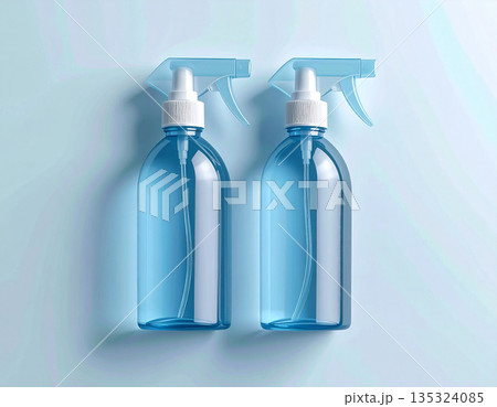 Office cleaning. Three transparent sprays in a row on a white background. Disinfectant, glass cleaner, all-purpose surface cleaner. Mockup for branding cleaning product. Office cleaning. Three transparent sprays in a row on a white background. Disinfectant, glass cleaner, all-purpose surface cleaner. Mockup for branding cleaning product. 135324085