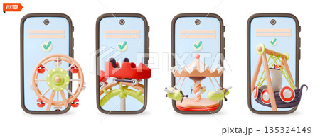 3d Booking Amusement Park Ticket Online on Device Set Cartoon Design Style. Vector illustration of Mobile Phone Screen and Different Attraction 3d Booking Amusement Park Ticket Online on Device Set Cartoon Design Style. Vector illustration of Mobile Phone Screen and Different Attraction 135324149