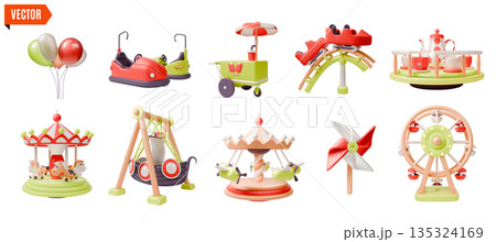 3d Amusement Park Concept Set Cartoon Design Style. Vector illustration of Balloons, Ferris Wheel Circle, Merry go Round and Electric Bumper Car 3d Amusement Park Concept Set Cartoon Design Style. Vector illustration of Balloons, Ferris Wheel Circle, Merry go Round and Electric Bumper Car 135324169