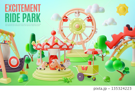 3d Excitement Ride Amusement Park Concept Ads Banner Poster Card Cartoon Design Style. Vector illustration of Outdoor Entertainment at Summer Holiday 135324223