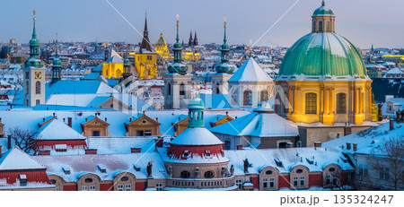 Winter Snowy Prague Old Town Roofs and Towers , Czech republic Winter Snowy Prague Old Town Roofs and Towers , Czech republic 135324247