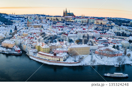 High Resolution Panorama Picture of Winter Snowy Prague Old Town with Prague Castle during Sunset , Czech republic High Resolution Panorama Picture of Winter Snowy Prague Old Town with Prague Castle during Sunset , Czech republic 135324248