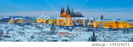 High Resolution Panorama Picture of Winter Snowy Prague Old Town with Prague Castle during Sunset , Czech republic High Resolution Panorama Picture of Winter Snowy Prague Old Town with Prague Castle during Sunset , Czech republic 135324251