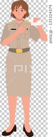 a female government officer or civil servant in uniform, standing and holding an ID card a female government officer or civil servant in uniform, standing and holding an ID card 135324374