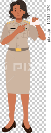 civil servant woman in official uniform showing identification card modern flat illustration 135324376