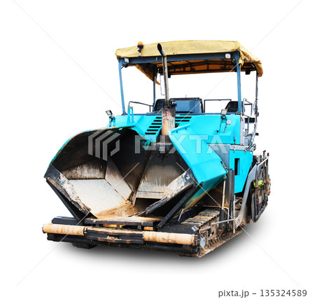 Front view of a blue asphalt paver machine isolated on white background. Heavy road construction equipment with open hopper. High quality photo Front view of a blue asphalt paver machine isolated on white background. Heavy road construction equipment with open hopper. High quality photo 135324589