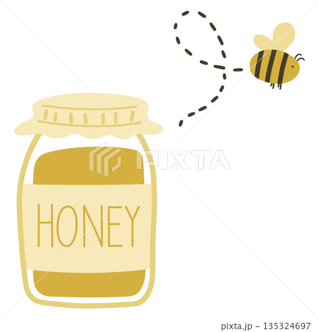 Little bee flying near a honey jar drawing Little bee flying near a honey jar drawing 135324697