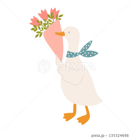 White duck holding flower bouquet celebrating mother's day 135324698