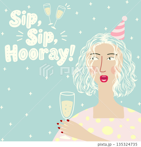 Woman celebrating with champagne and party hat enjoying moment 135324735